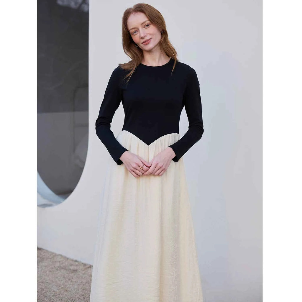 AP SS2026 Women Crinkle Dress Jersey Top Black Patchwork Apricot Elegant Lady Maxi Dress