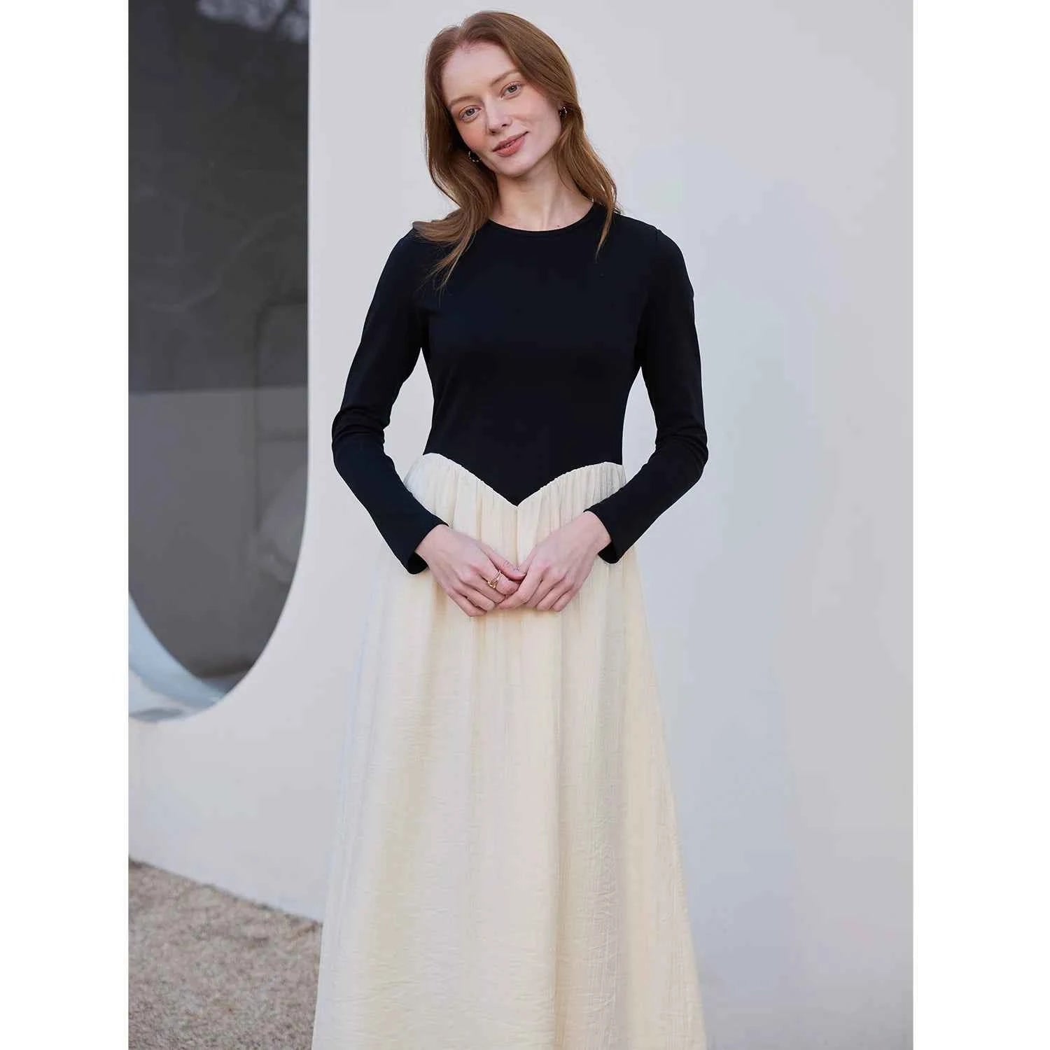AP SS2026 Women Crinkle Dress Jersey Top Black Patchwork Apricot Elegant Lady Maxi Dress