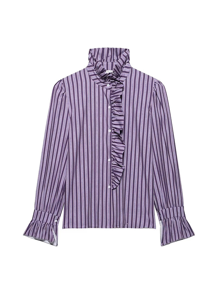 Sweet Women Ruffles Plaid Purple Shirts 2025 Fashion Ladies Casual Stand Collar Blouses for Party Female Elegant Tops Clothes