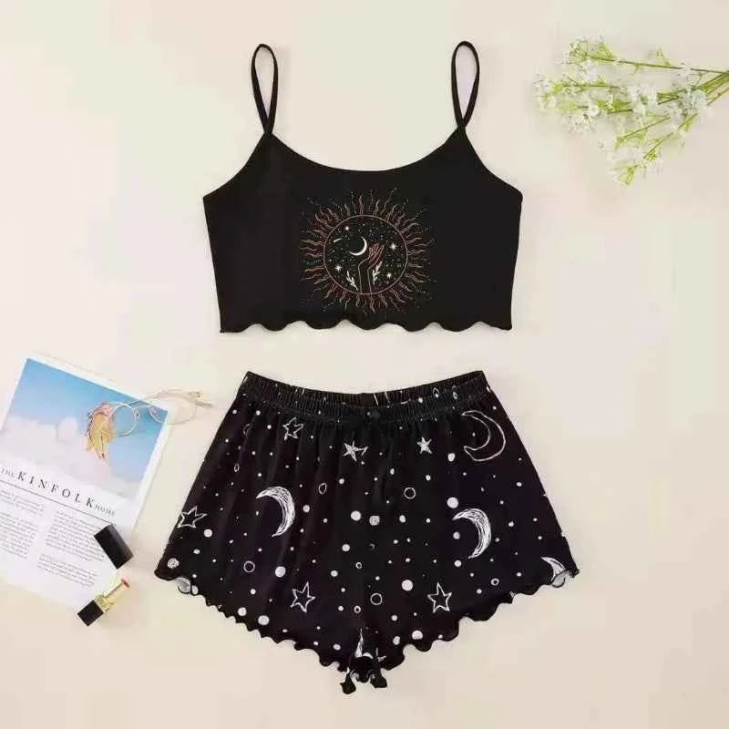 Summer Silk Satin Pyjama Pajamas for Women Sexy Sleepwear Sling Top Shorts Pajama Set Cartoon Pattern Printing 2-Piece Homewear