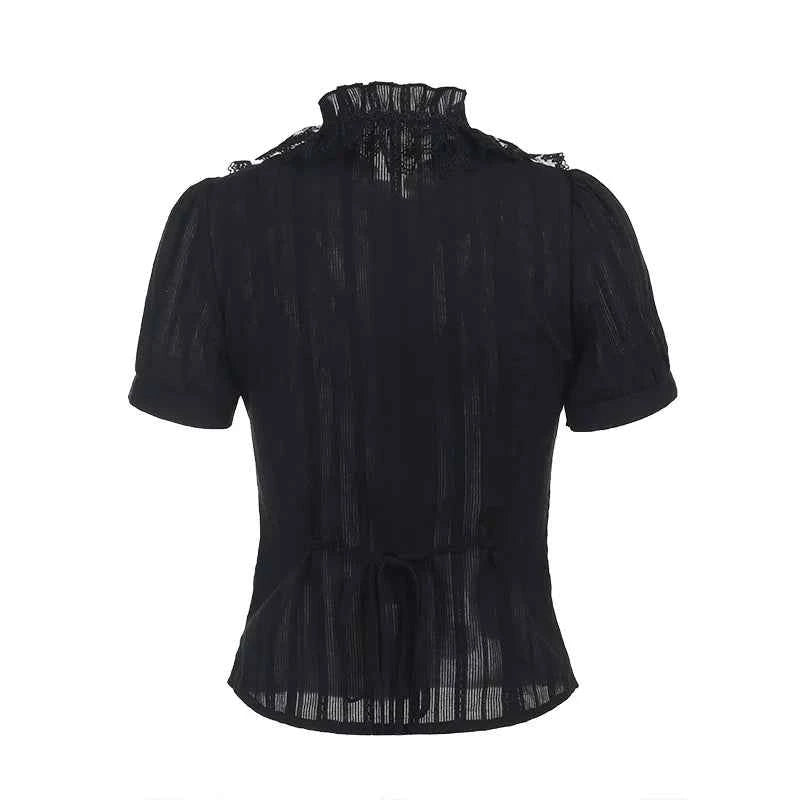 Sweet Lolita Cotton Shirts Women Vintage Gothic Black White Jacquard Short Sleeve Blouses Elegant Office Lady Y2k Tops