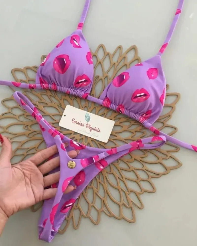 Print Sexy Bikini Sets Halter Lace-up Tops Thongs Beach Style Bathing Suit Y2k Swimsuits Women Beachwear Купальник Женский