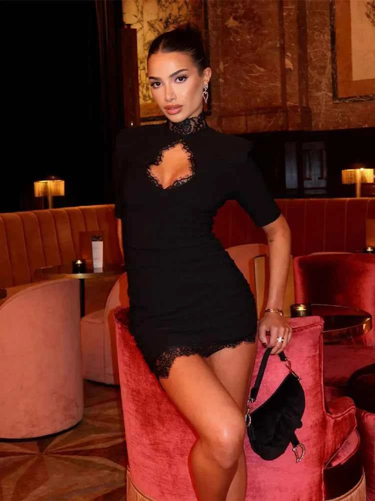 Huhugirl Lace Patchwork Hollow Out Bodycon Sheath High Collar Women Dresses Half Sleeve Outfits Sexy Club Fashion Female Vestido
