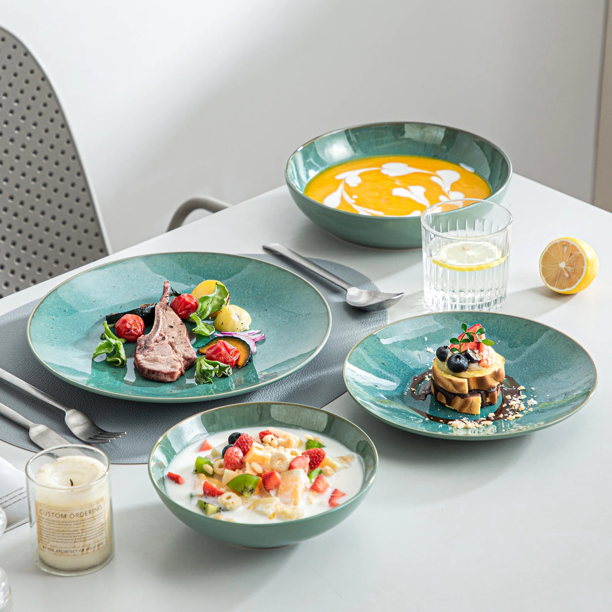 Vancasso KARST 16/32/48 Piece Green Embossed Stoneware Tableware Set with Dinner/Dessert Plate/Soup Bowl/Mug Service for 4/8/12