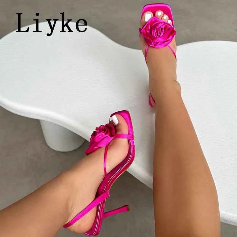 Liyke Summer Square Toe Slip On Back Strap Sandals Women Fashion Red Rose Flowers Designer High Heels Ladies Shoes Size 35-42