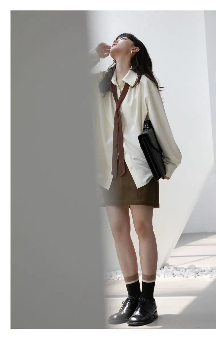 2026 Summer Women's Oversized Long Sleeve Blouse 2026 Summer New Arrival Tie Neck Shirt Loose Fit Office Elegant Fashion