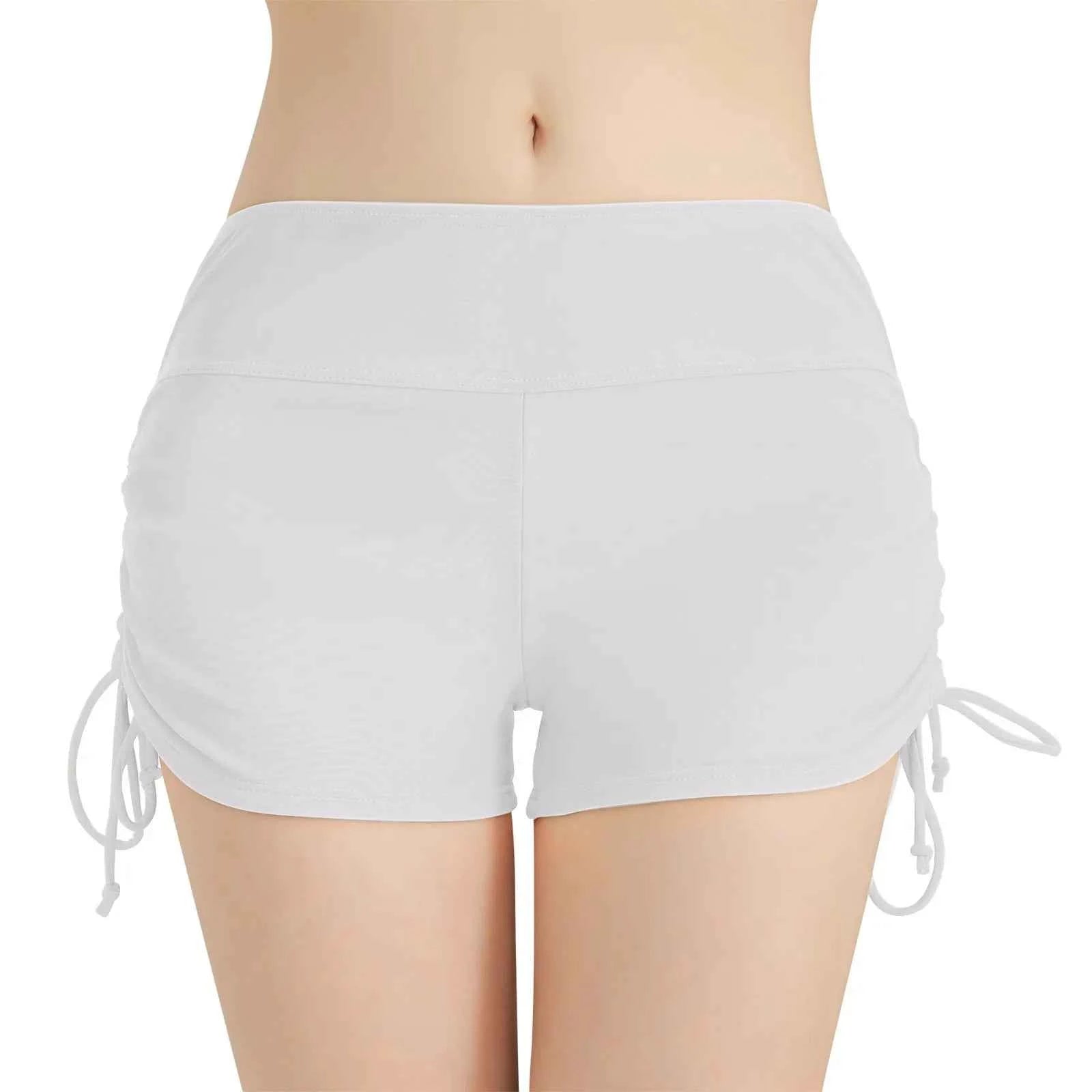 Women'S Summer Swimwear Briefs Solid Colored Boxer Beach Shorts High Waist Side Adjustable Drawstring Elastic Sports Swimsuit