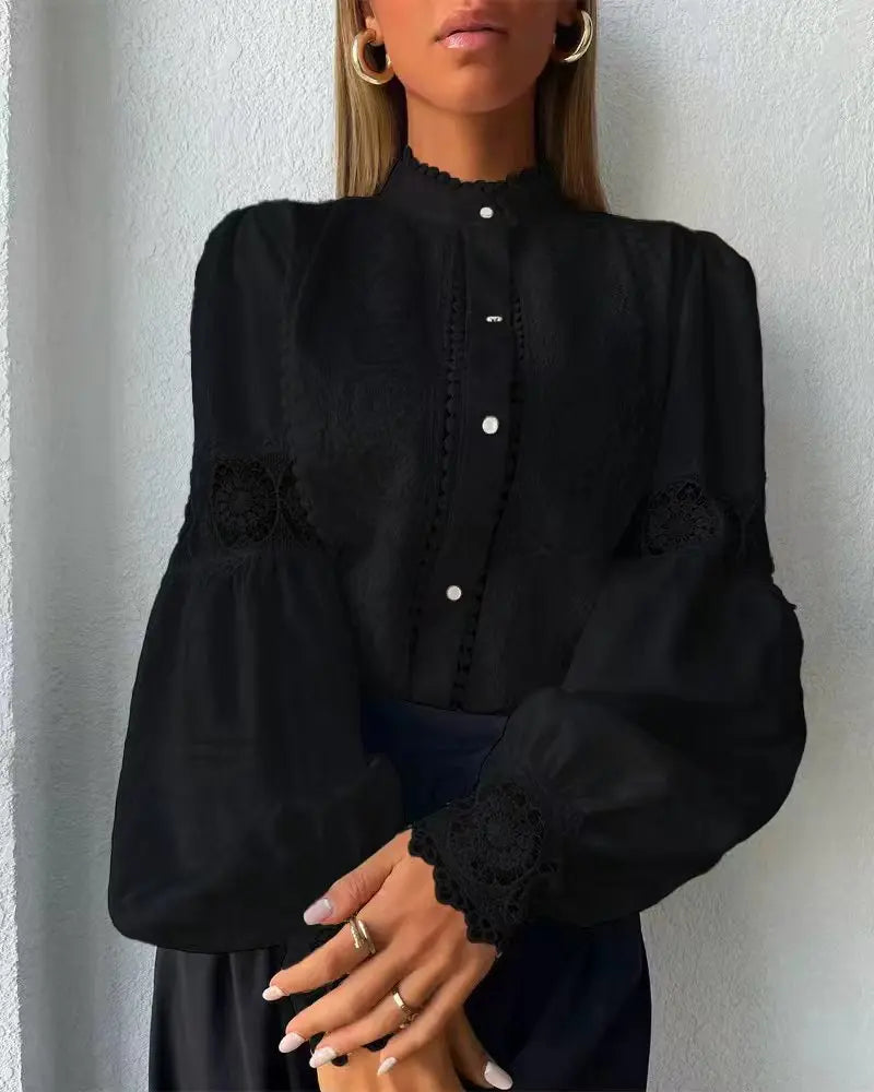 White Lace Blouses Women Elegant Solid Casual Lace and Button Hook Flower Hollow Puff Sleeves Blouse Top Lady Office Shirts