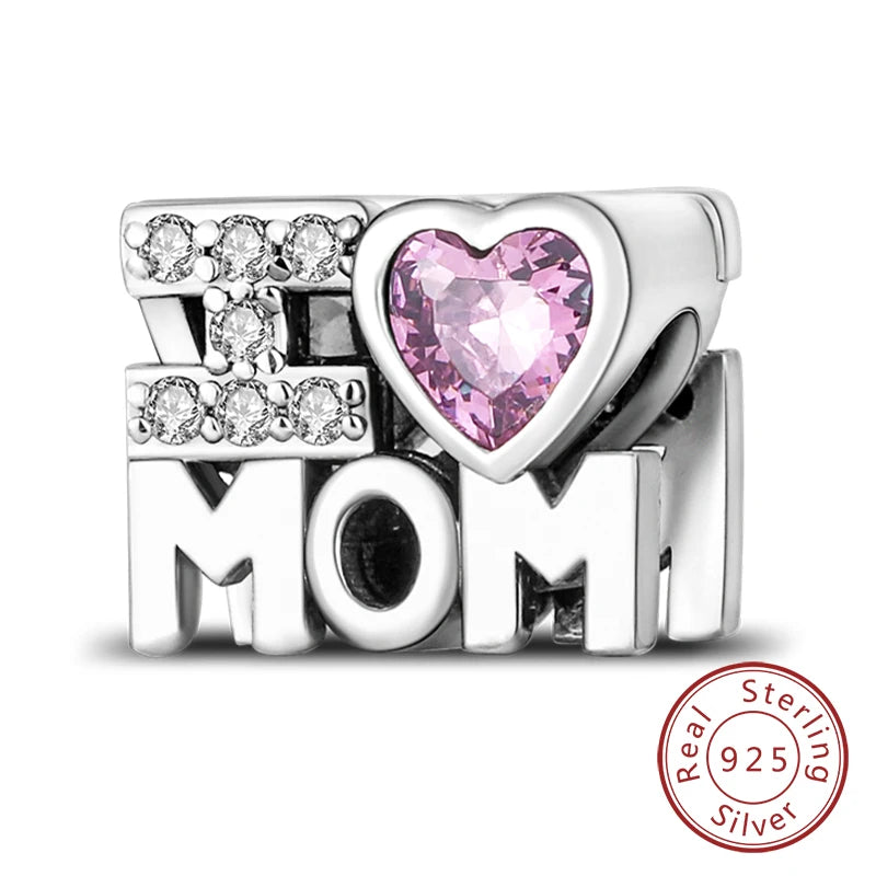 Original 925 Sterling Silver Charm Bead Mother's Day Love Heart Family Charm Bead Pendant Fits Bracelet Womens Jewelry Gifts