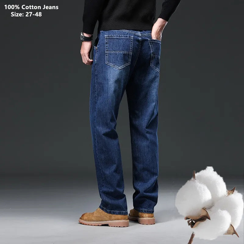 2026 Men Jeans 100% Cotton Thick Straight Plus Big Size 42 44 46 48 140KG Loose Classic Black Denim Trousers Casual Pants