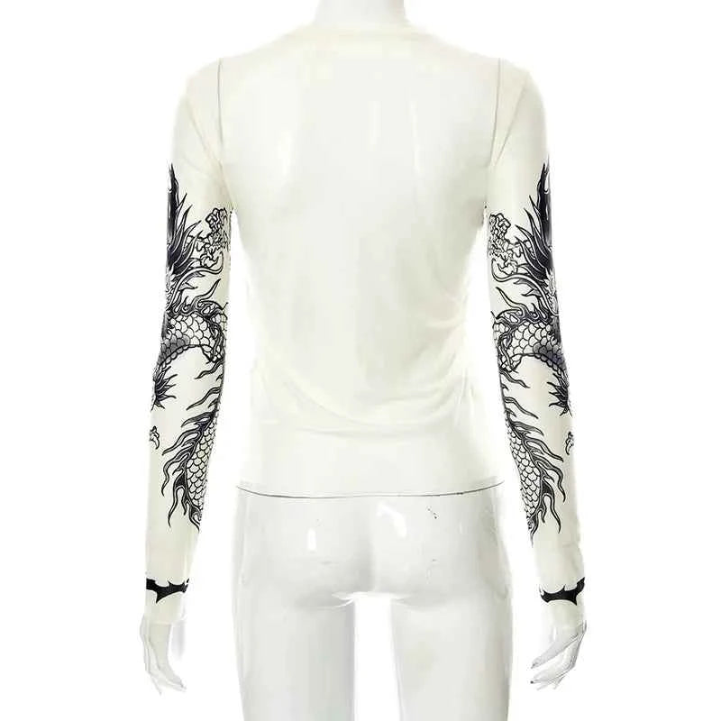 Y2k Aesthetic Punk Clothes Graphic Tees Women Gothic Fashion Full Sleeve Woman Tshirts See Through Streetwear Egirl Tops T Shirt