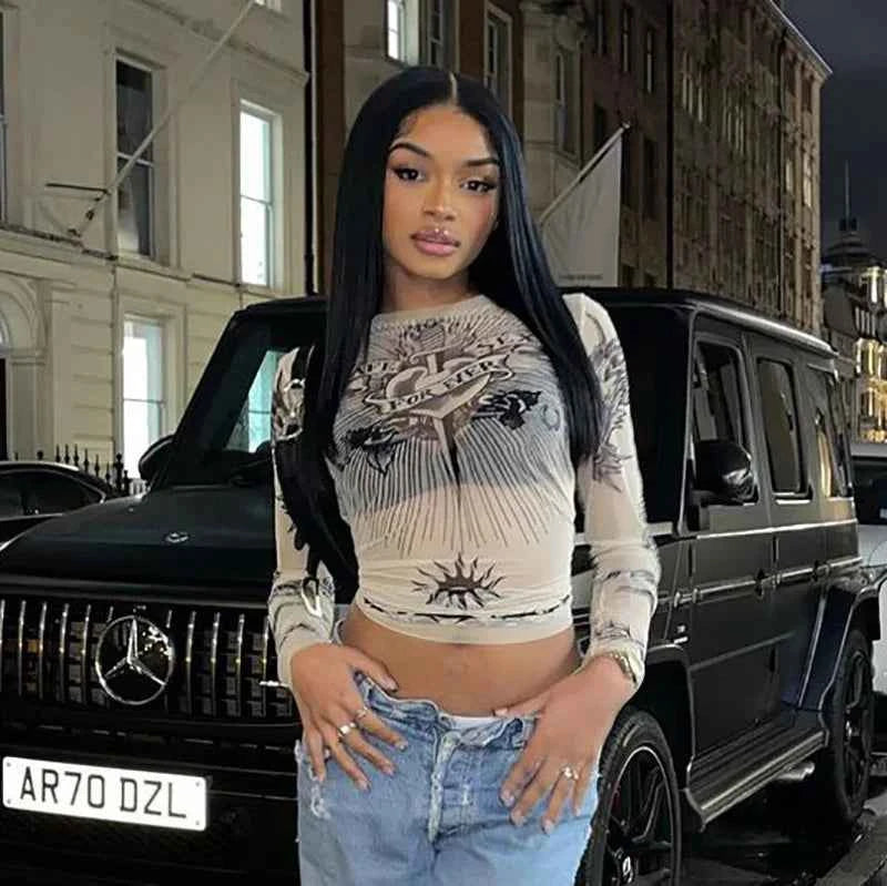 Y2k Aesthetic Punk Clothes Graphic Tees Women Gothic Fashion Full Sleeve Woman Tshirts See Through Streetwear Egirl Tops T Shirt
