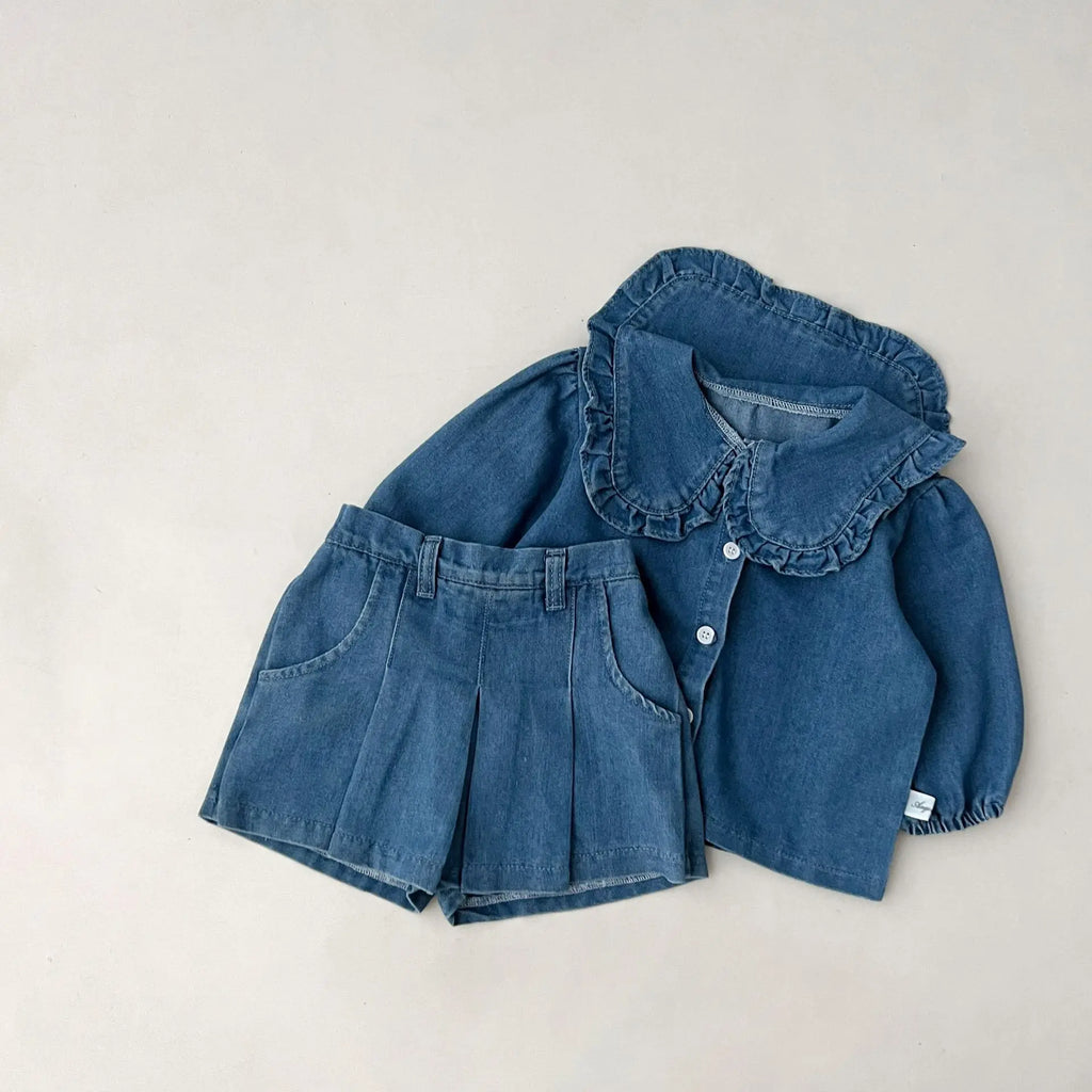 Fashionable Childrens Set Denim Top+Jeans Short Korean Version Girl Casual Sports Two-Piece Set 0-6 Year Old Childrens Cloth