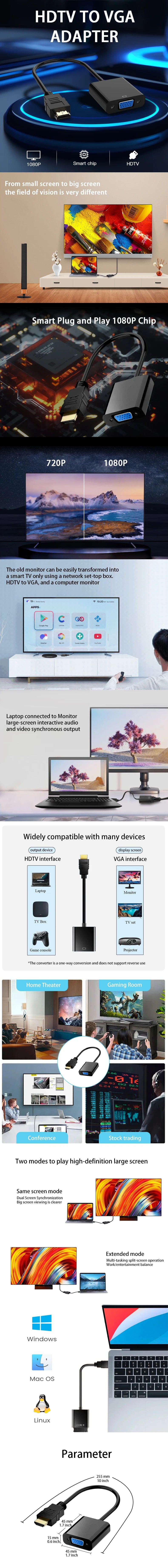 High Speed HDTV To VGA Adapter HDTV A Male To VGA Female Converter HD Scaler Video Cable Cord Converter For PC Laptop