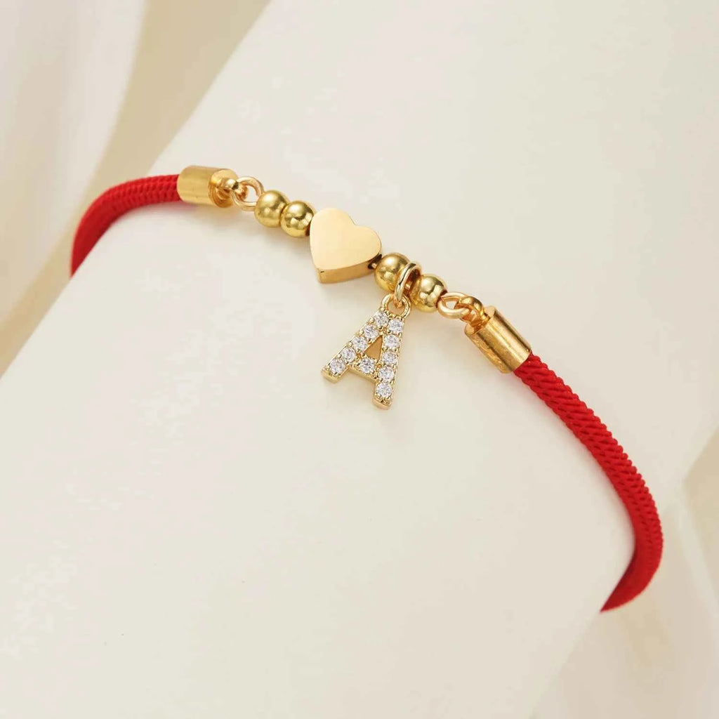 New Gold Stainless Steel Heart Initial Letter Bracelet - Red Rope Charm Jewelry for Men & Women, Lucky Gift