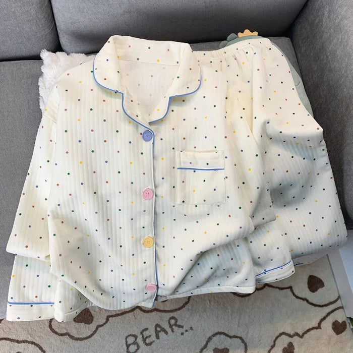 Korean Style Colourful Dot Women's Sleepwear Set 2025 Autumn Winter New Pajamas Set Cute Lapel Neck Casual Homewear 2PC Suit