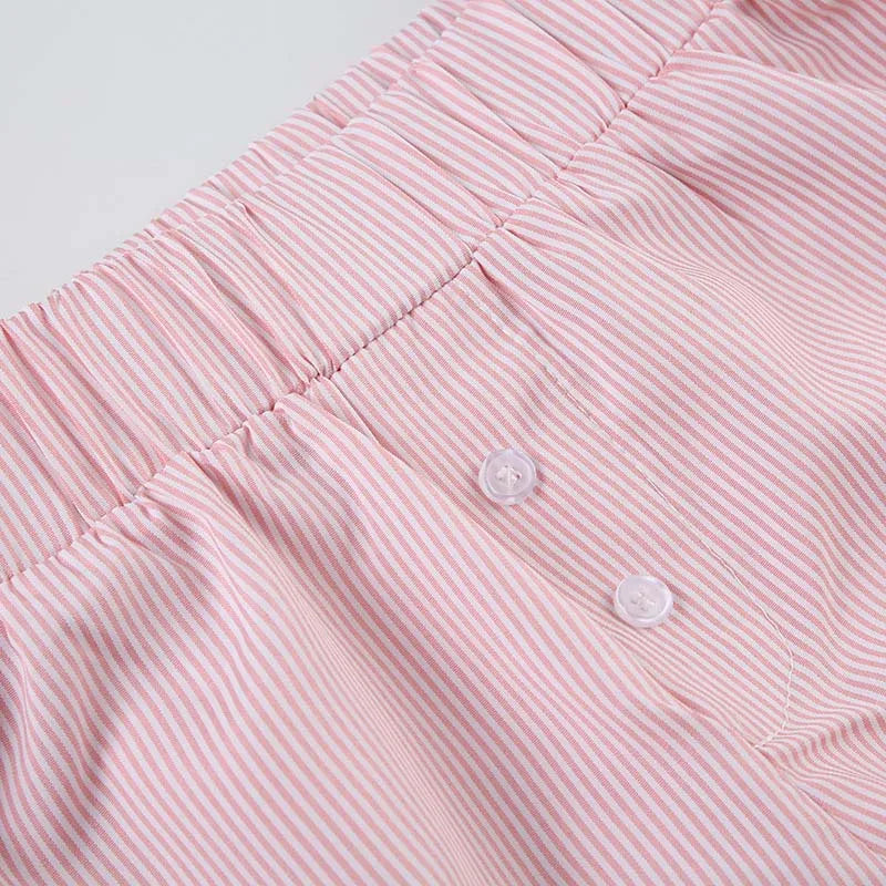 Striped Print Casual Shorts for Women Elastic Waist Fashion Button Bottoms Streetwear Chic Basic Y2K Loose Shorts