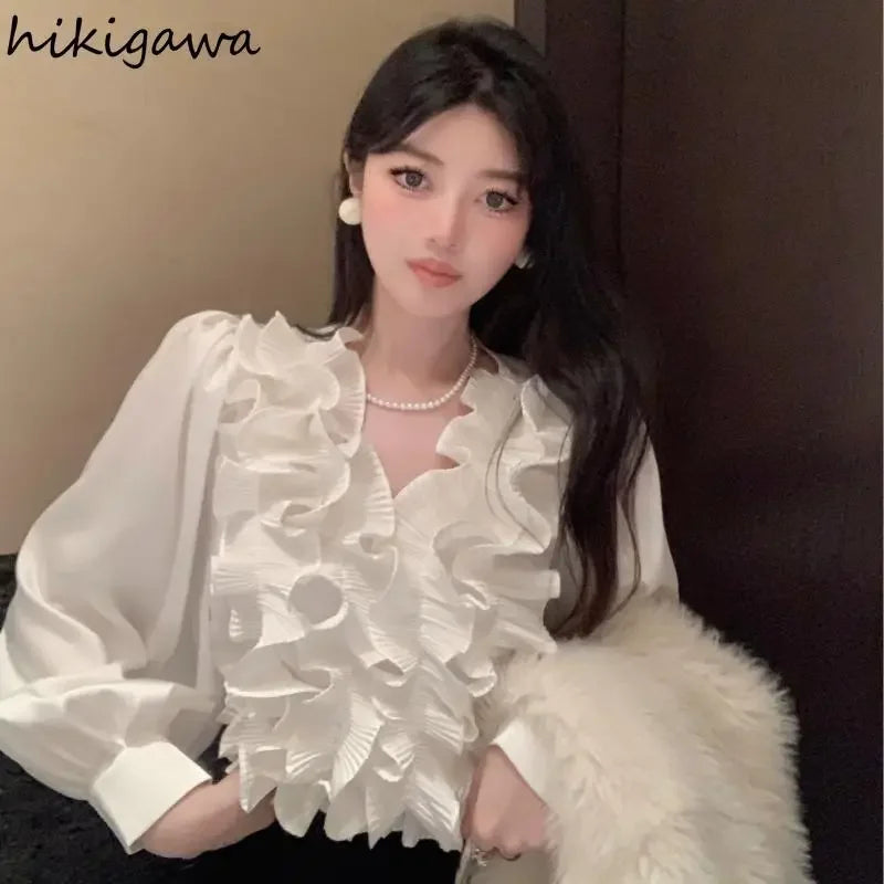 Temperament Lady Tops Blouses for Women V-neck Long Sleeve White Shirts 2025 Blusas Mujer De Moda Ruffles Loose Summer Blouse