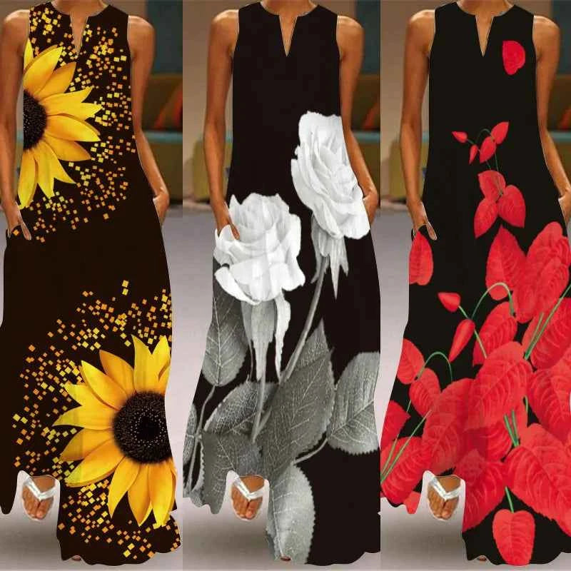 Print Floral Vintage Beach Maxi Dress For Women Summer Sleeveless V-neck Vestidos Female Elegant Party Long Floor-Length Dresses