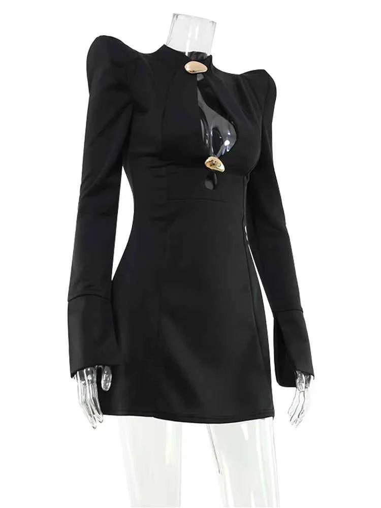 Ahagaga Elegant Women's Mini Dresses Solid Sexy Bodycon Slim Fit Hollow Out Regular Long Flare Sleeve A Line Trend Casual Female