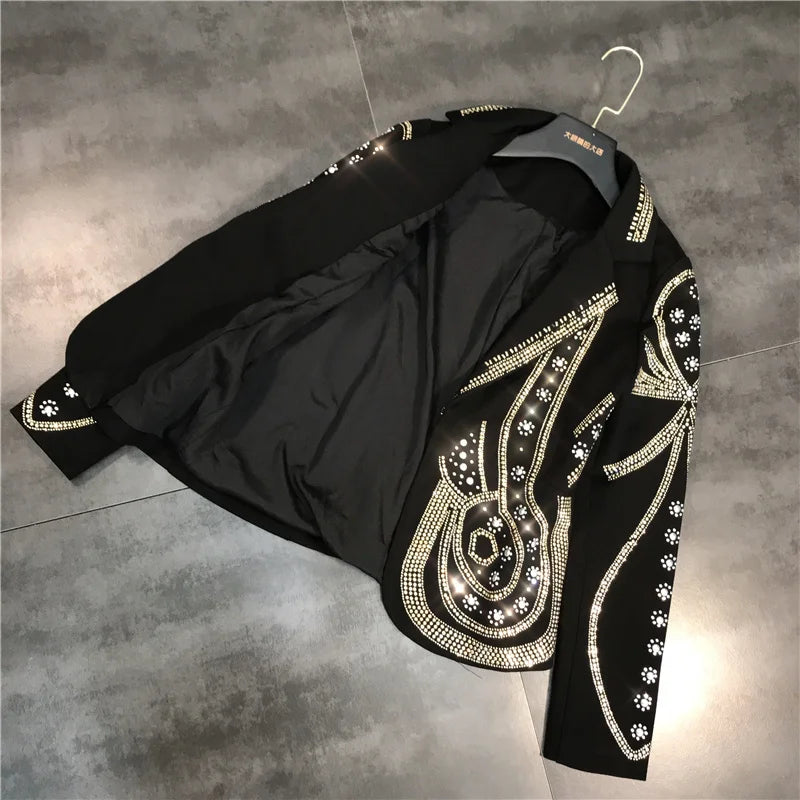 DEAT 2024 New autumn Turn-down Collar Full Sleeves Metal Beaded No Buttons Short jackets Female Single Suit WF18501L Black