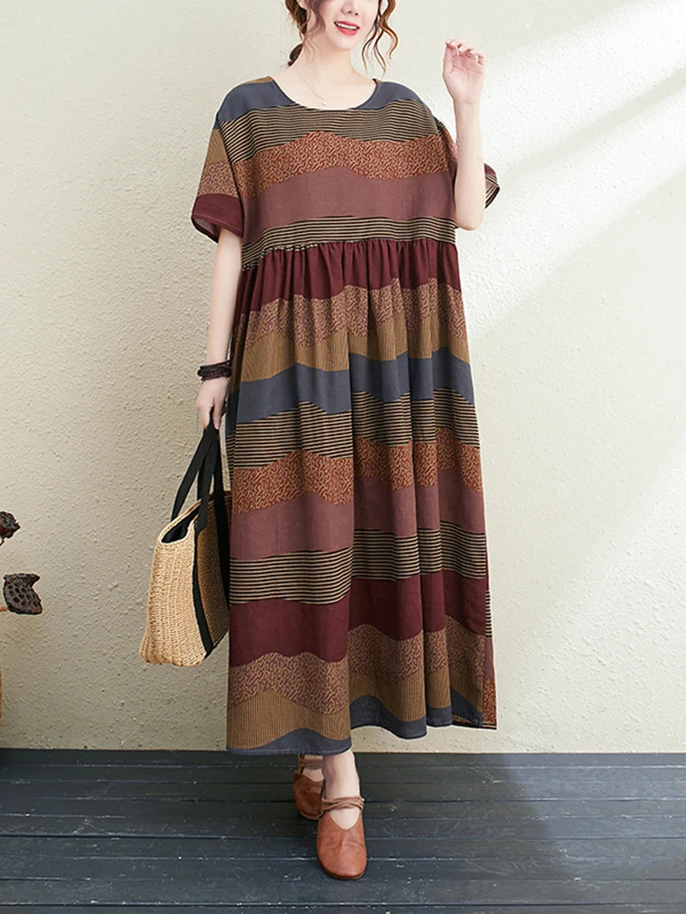 2026 New Summer Cotton Linen Short Sleeve Vintage Striped Print Dresses For Women Long Fashion Dress Elegant Vestidos Robe Femme