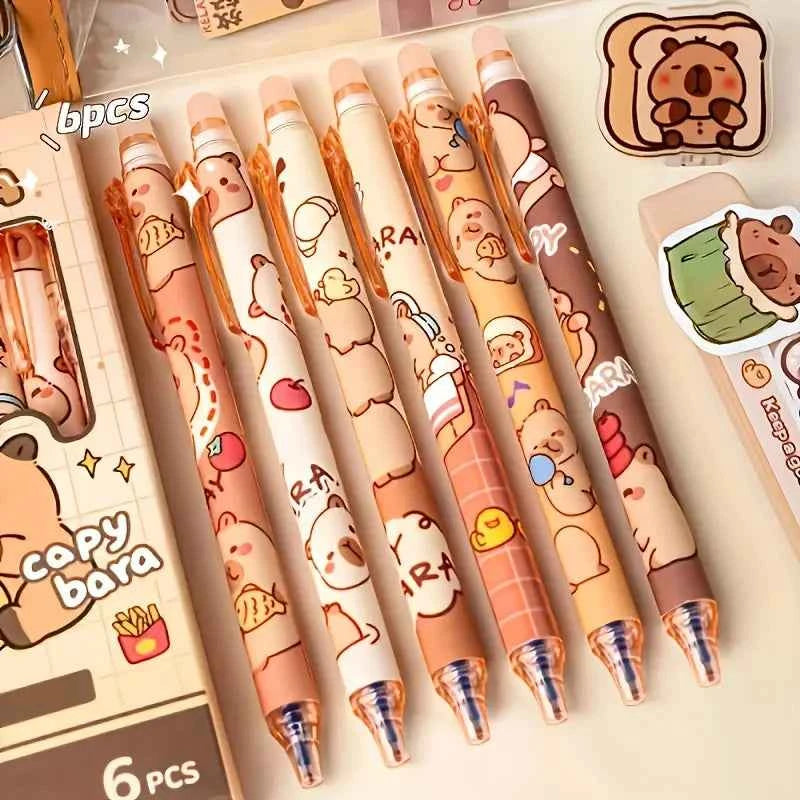 6pcs Cute Capybara Erasable Gel Pens | 0.5mm Retractable Blue Ink for School & Office | Smooth Writing & Quick-Drying (6 Colors)