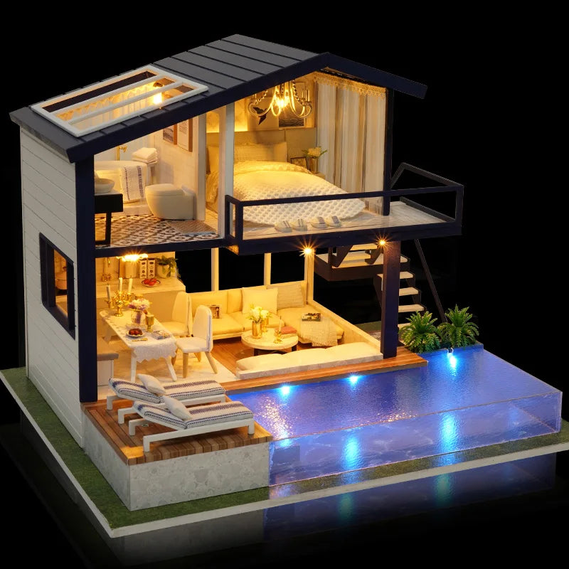 DIY Wooden Dollhouse Mini Building Kit Handmade Doll House Case Model 3D Puzzle Assembly With Furniture Toys For Christmas Gifts