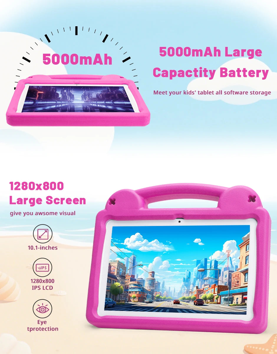 Kids Tablet Android 15 Tablet 10.1inch for Kids with Protective Case Octa-Core 8GB 64GB 1TB Expand Dual Camera Parental Control