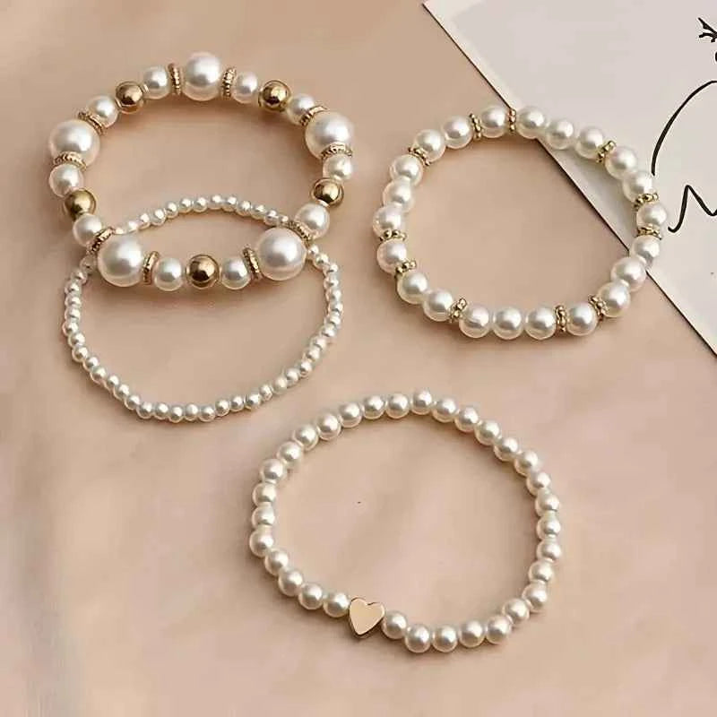 4 Pcs Elegant Boho Heart Charm Beads Bracelet Set Fashion Faux Pearl Layered Bracelets for Women Daily Wear Jewelry Gifts 2025