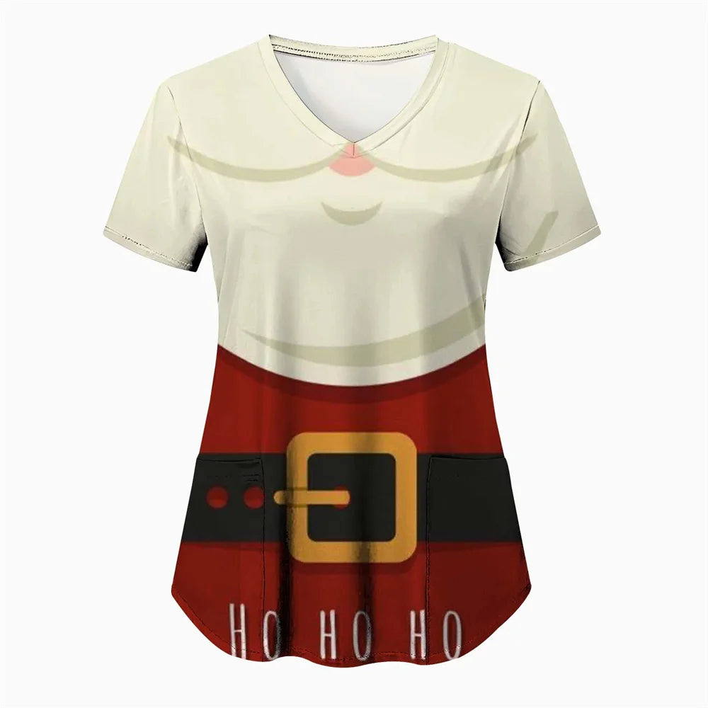 Womens Christmas Nurse T Shirt Print Short Sleeve V Neck Workwear With Pocket Working Nurse Work Wear Overalls Medical Uniforms