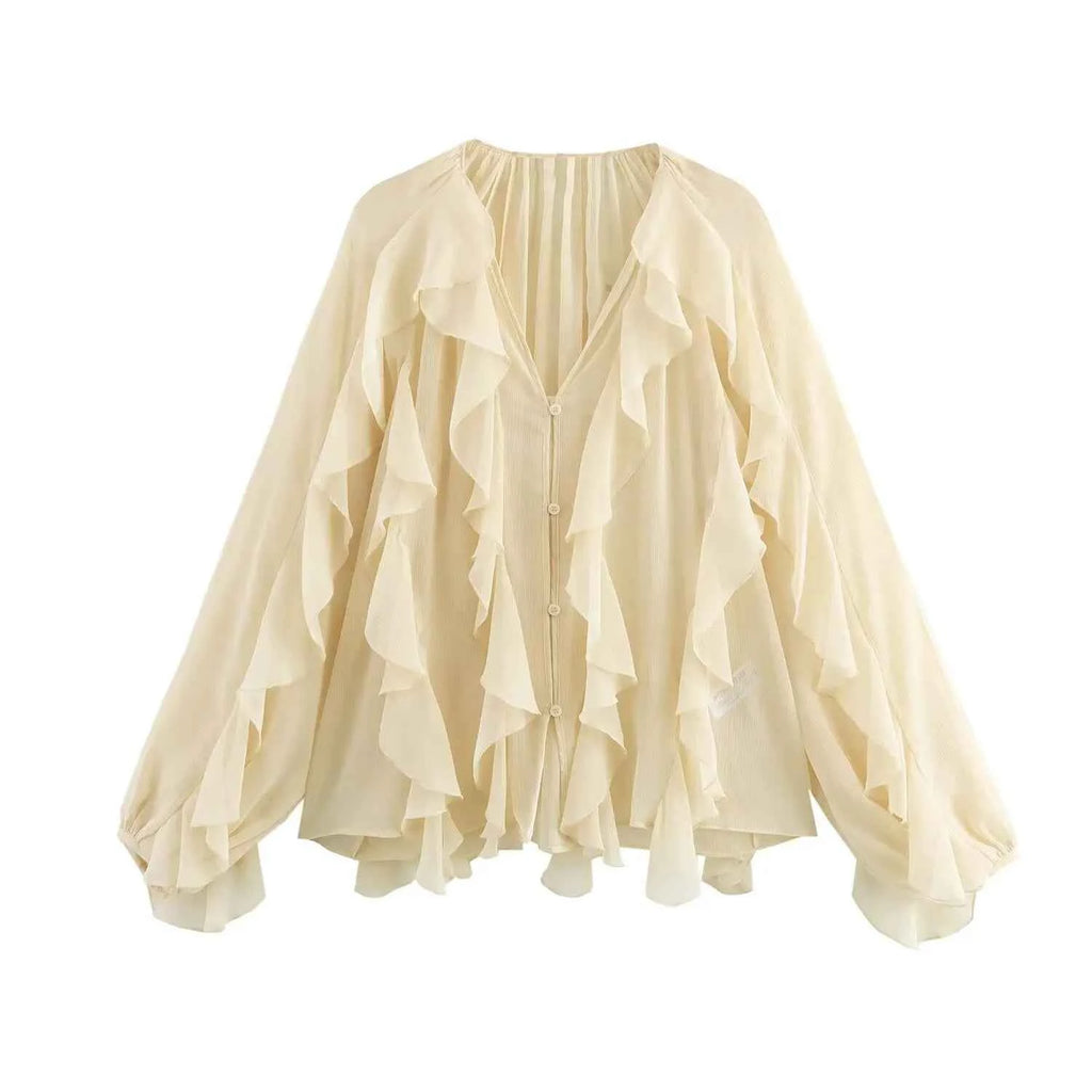 Women Casual Ruffled Shirt Women Loose Lace Up Hollow Out V Neck Tops Spring Blouses Women Clothes 4786063