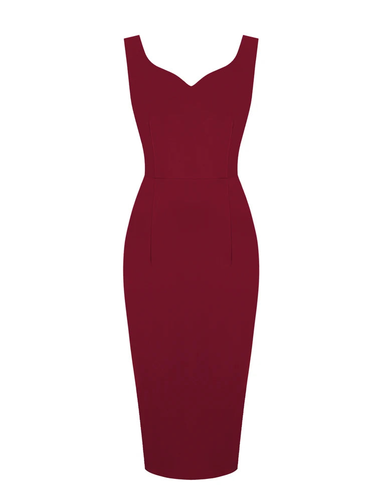 Tonval Sweetheart Neck Sleeveless Office Midi Pencil Dresses for Women 2023 Vintage Red Solid Elegant Slim Bodycon Dress