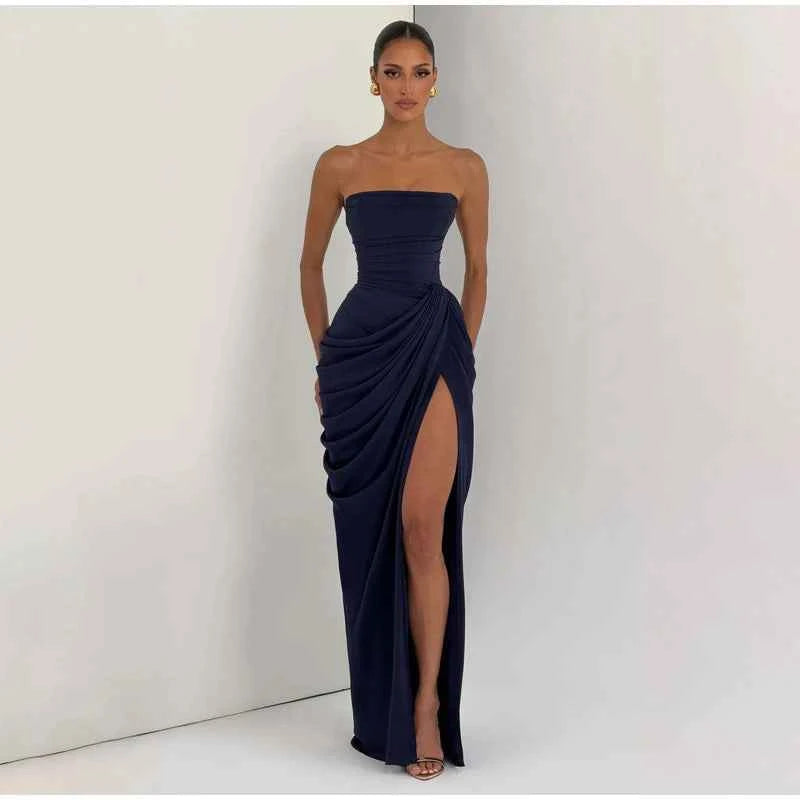 Lady Sexy Strapless Split Solid Pleated Dress Women Chic Backless High Waist Off-shoulder Dresses 2026 New Evening Party Gowns