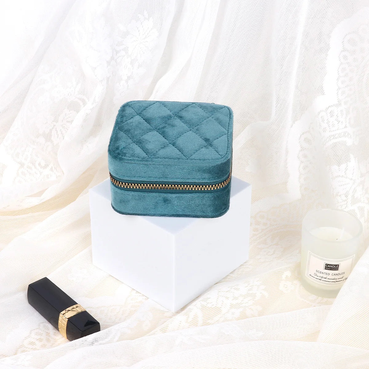 Rhombus Velvet Jewelry Box with Mirror Women Travel Portable Earrings Ring Necklace Storage Display Jewelry Organizer Box