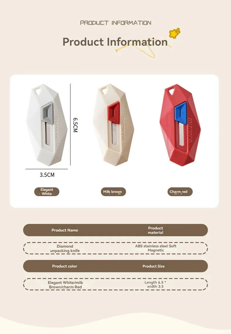Diamond Design Unbox Knife Safety Round Head Cutter Magnetic Carton Box Cutter for Opening Package Letter Utility Knife