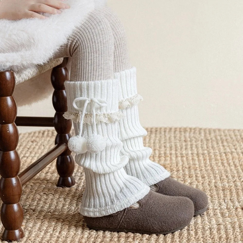 New Solid Color Leg Warmers Thickened Lolita Mid-Calf Sock Knitted Bow Pompom Hosiery Autumn and Winter