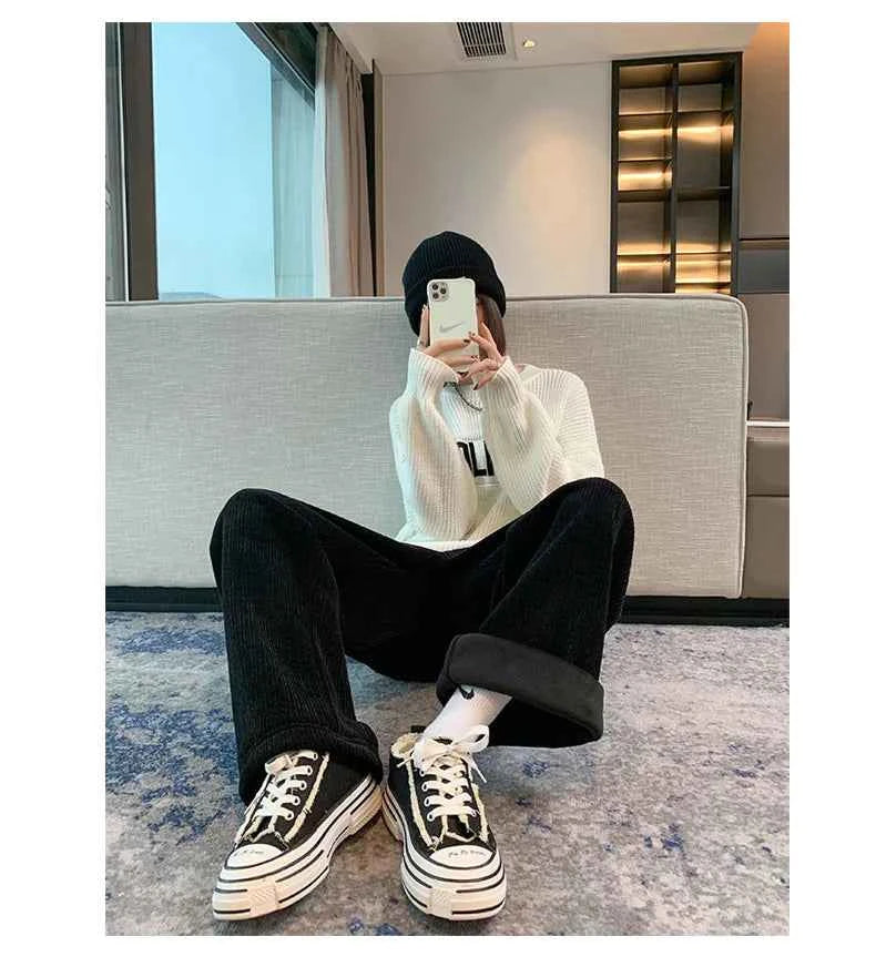 Women's Fleece Wide Leg Pants Winter High Waist Long Pants Loose Casual