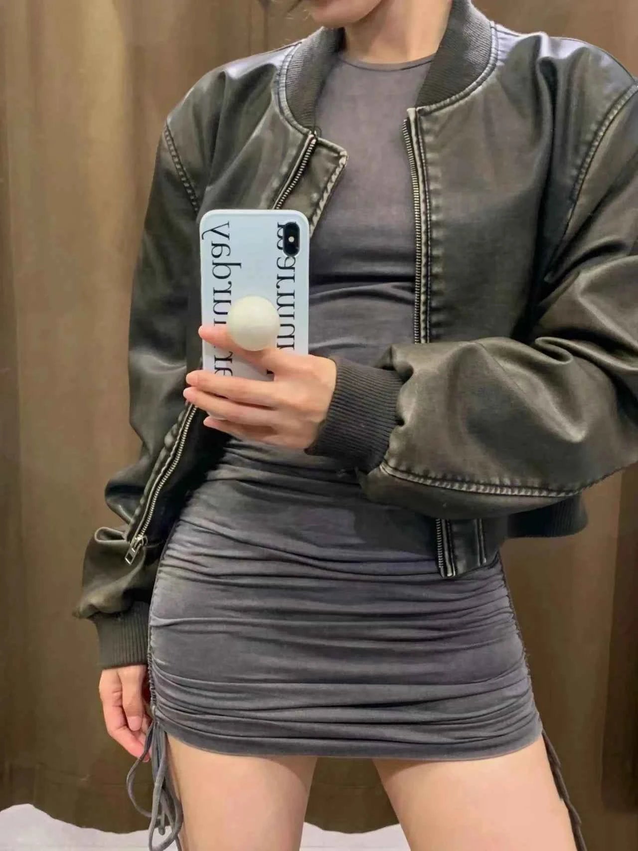 ZVRI Women's 2023 new vintage imitation leather bomber jacket coat top women's style