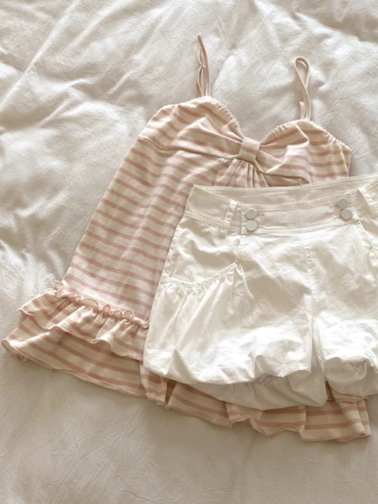 Japanese Sweet Vest Women Clothing Vintage Striped Sleeveless Tees Fashion Summer Camis Ruffles Slim Fit Vintage Tank Ropa Mujer