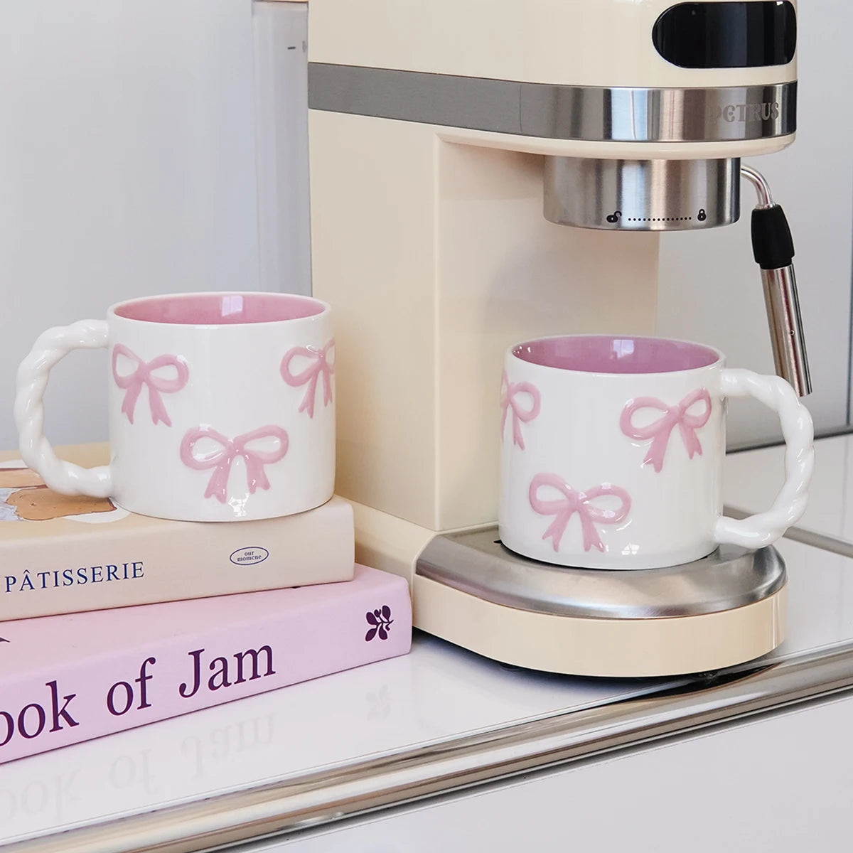 1Pc 13.4oz Pink Ceramic Mug with Bowknot, Ceramic Cup with Twisted Handle, Exquisite and Simple Pink Embossed Cup, Suitable for Latte Art in Coffee Shops, Home Decor Drinkware, Drinking Cup for Kitchen, Living Room, Bedroom,