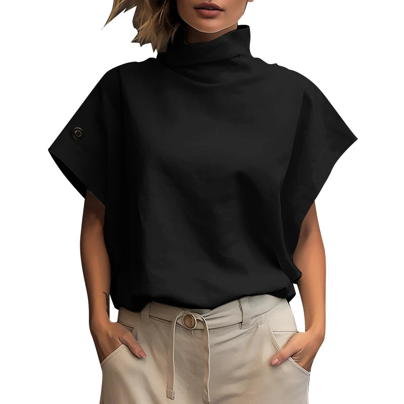 Women Fashion OL Work Shirt 2024 ZANZEA Summer Elegant Turtleneck Short Sleeve Blouse Casual Loose Office Tops Party Blusas