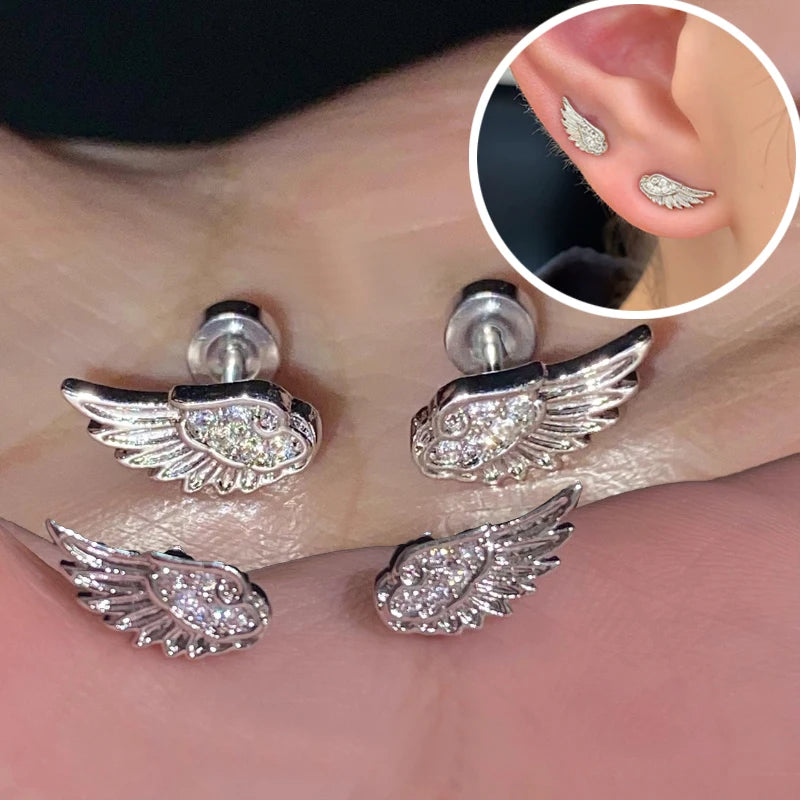 Fashion Zircon Wing Stud Earrings for Women Luxury Shiny Crystal Creative Angel Wings Cross Silver Color Ear Studs Jewelry Gifts
