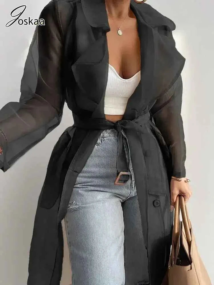Joskaa Solid Organza See Through Lapel Full Sleeve Trench 2023 Summer Women Fashion Buttoned Coat with Belt Elegant Shirts