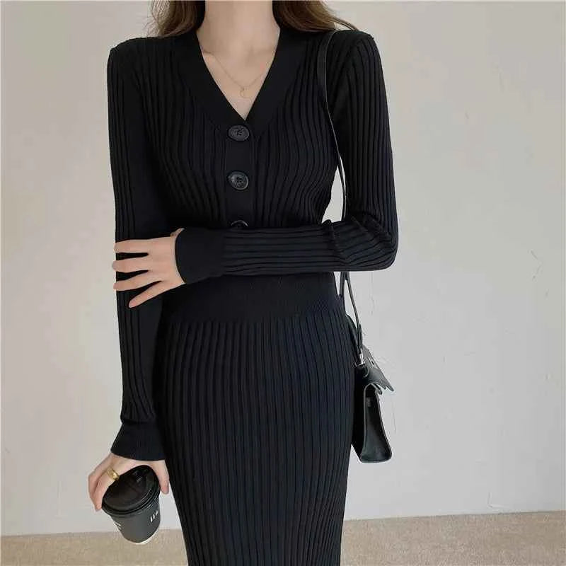 Autumn Winter Sweater Dress For Women 2024 New Arrivals Buttons Up V Neck High Waist Long Knitted Dress Korean Maxi Dresses