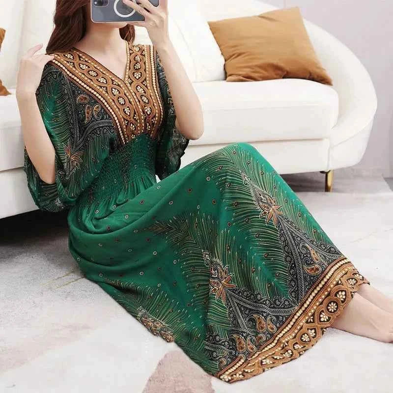Colorful Flower V-neck Elastic Youthful Bohemian Sweet Midi Dress Woman Clothes Chic Fashion Summer Dresses 2025 Large Swing Ski