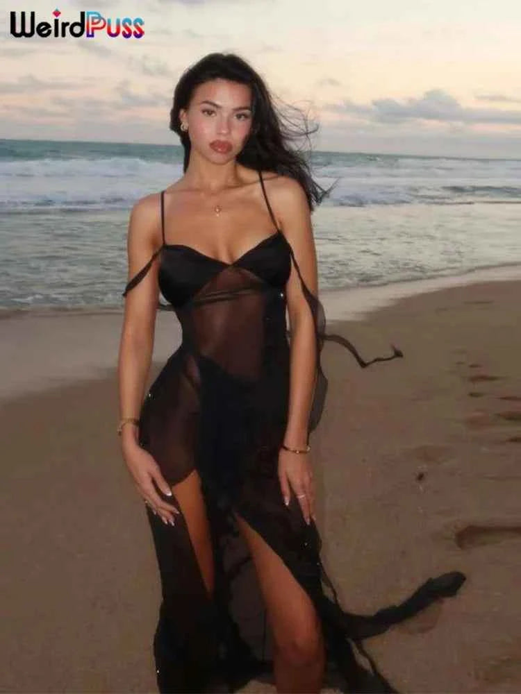 Weird Puss See Through Dress Woman Summer Sexy Spaghetti Straps Patchwork Irregular Tassel Splits Swimsuit Beach Skinny Vestidos