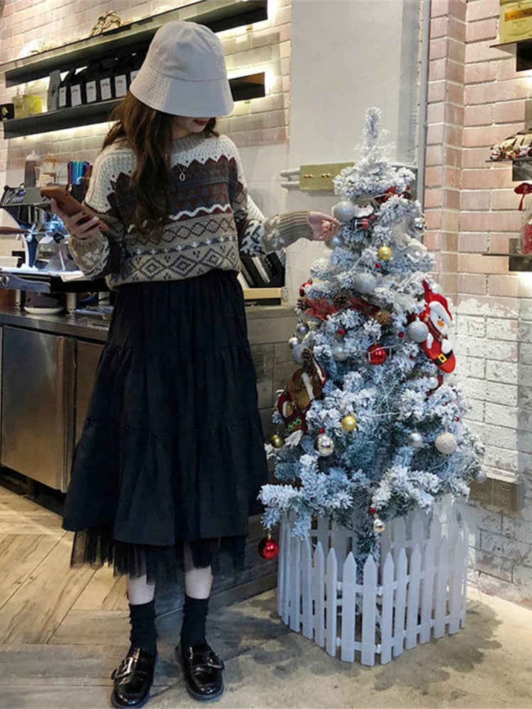 Long Tulle Midi Skirts Womens  Autumn Elastic High Waist Mesh Tutu Pleated Skirts Female Black White Long Skirt Streetwear