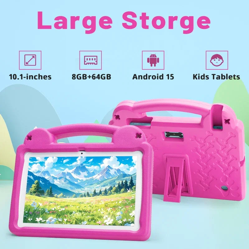 Kids Tablet Android 15 Tablet 10.1inch for Kids with Protective Case Octa-Core 8GB 64GB 1TB Expand Dual Camera Parental Control