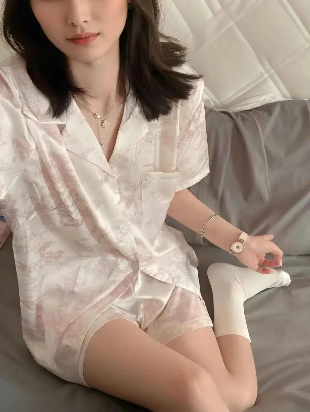 Cherry Print Silk Pajamas Set for Women Summer Short Sleeve Shirt and Shorts Two Pieces Sleepwear Homewear Nightwear